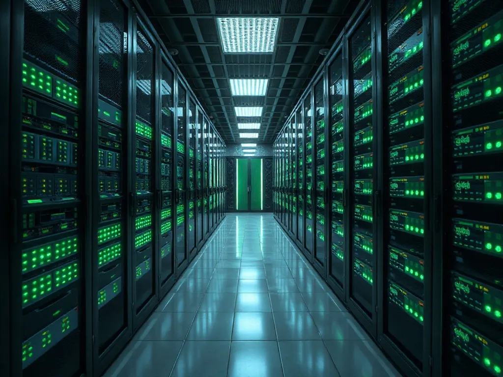 High-tech server room with glowing green LED lights on serve
