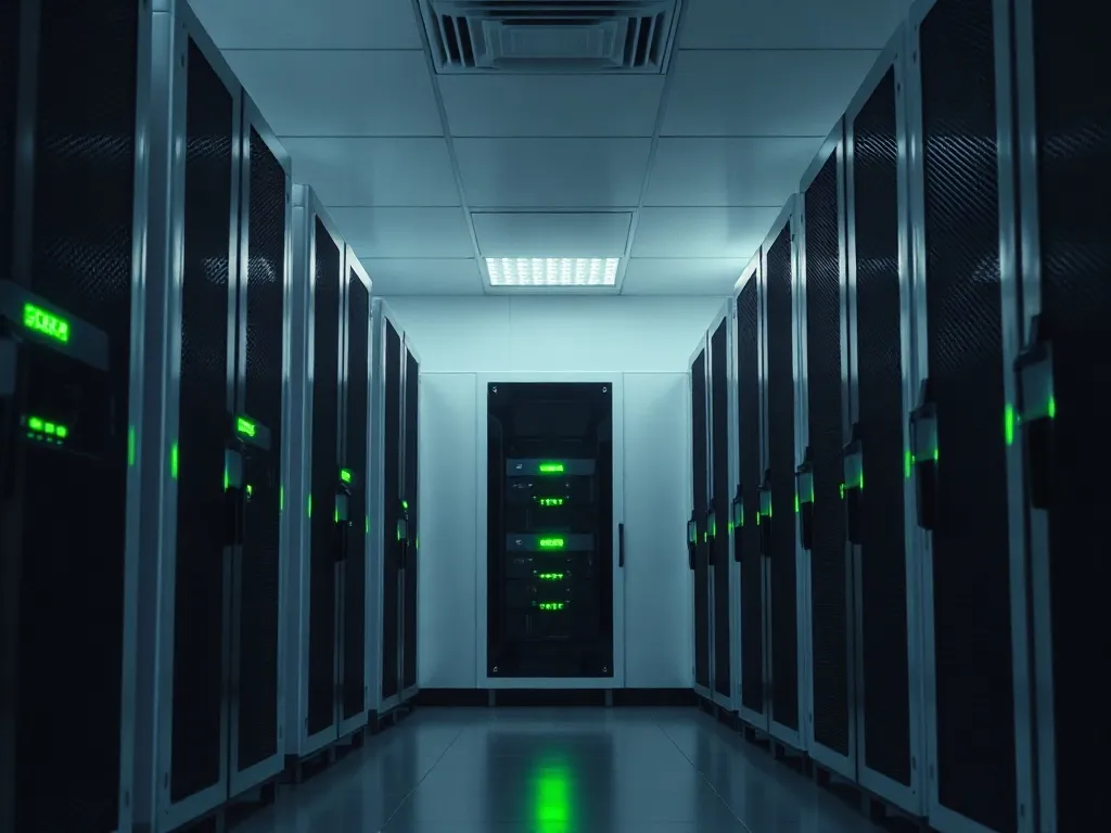 A minimalist high-tech server room with glowing green status