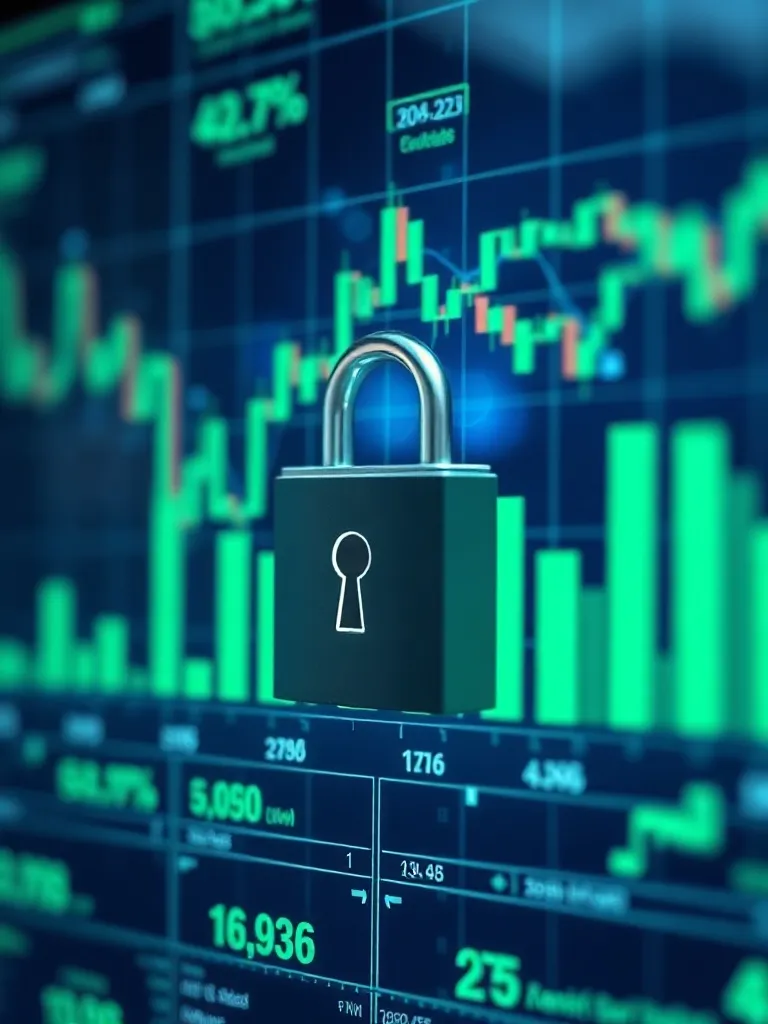 Financial data charts and digital security locks, blue and g